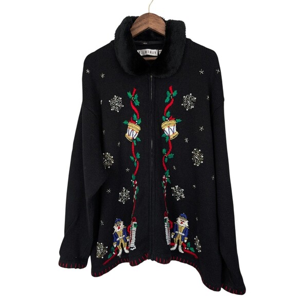 VJ Woman Black Christmas Nutcracker Drum Snowflakes Fur Collar Zip Sweater 2X - Picture 3 of 14